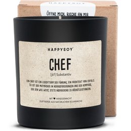  A round, tall, black candle with the label "CHEF" on it, indicating a scented candle with a chef-inspired fragrance.