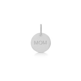 Silver pendant with "MOM" engraved on a round disc.