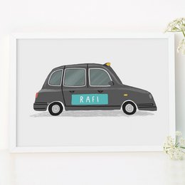 A personalized London taxi print on matte paper, available in 23cm, 30x40cm unframed, or 30x40cm framed in solid wood. The print features a stylized illustration of a London taxi cab in a minimalist design with the text "RAIL" displayed on the side of the vehicle.