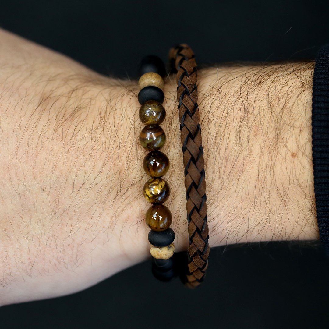 FRANK 1967 7FB-0245 - Kralenarmband Heren - Agaat - tijgeroog - Bruin - Zwart