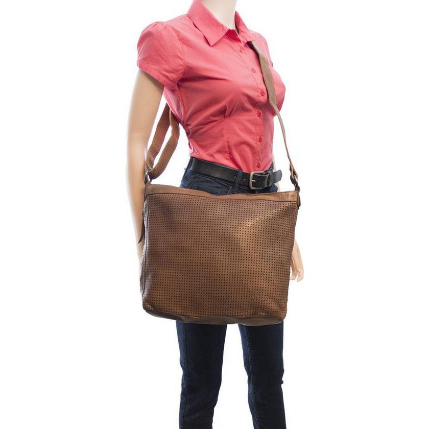 Damer skuldertaske - lysebrunt vintage læder, skuldertaske eller crossbody taske