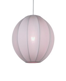Beige pendant lamp with a round, spherical shape and a diameter of 35 cm.
