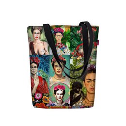 A canvas shoulder bag featuring a collage of colorful portraits of Frida Kahlo, a renowned Mexican artist known for her vibrant and distinctive style. The bag has a modern, artistic design that captures the essence of Frida's iconic imagery.