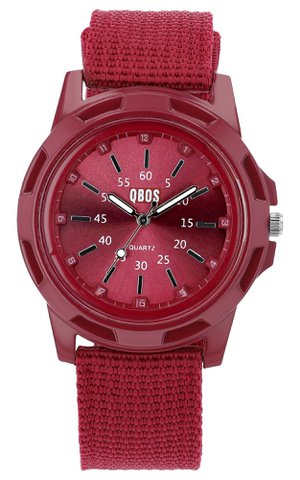 QBOS Herrenuhr mit Textilarmband, dunkelrot
