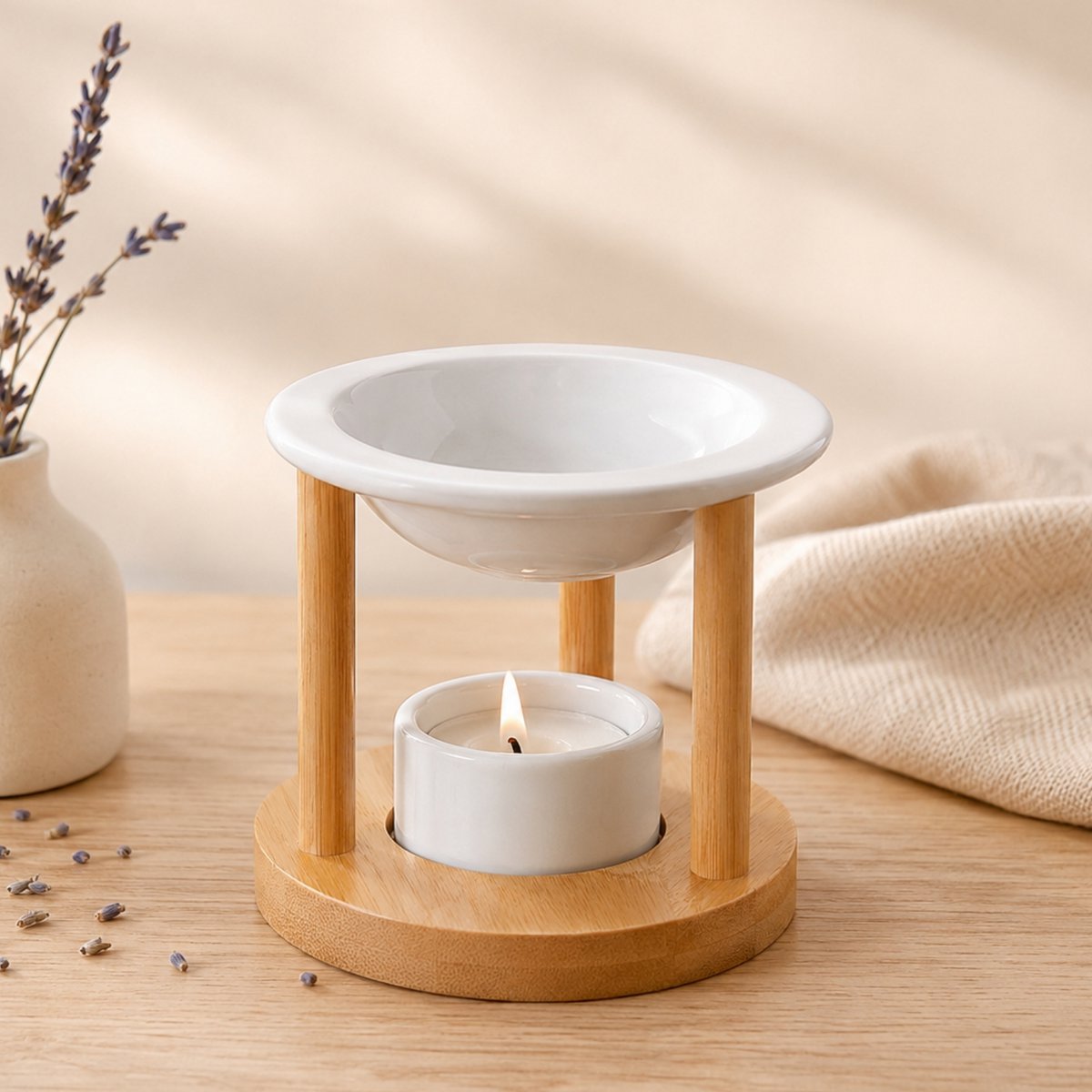 Brûle parfum Série Simplicity - Athena - Céramique Laquée et Bambou - Idée Cadeau - Décoration Simple Moderne