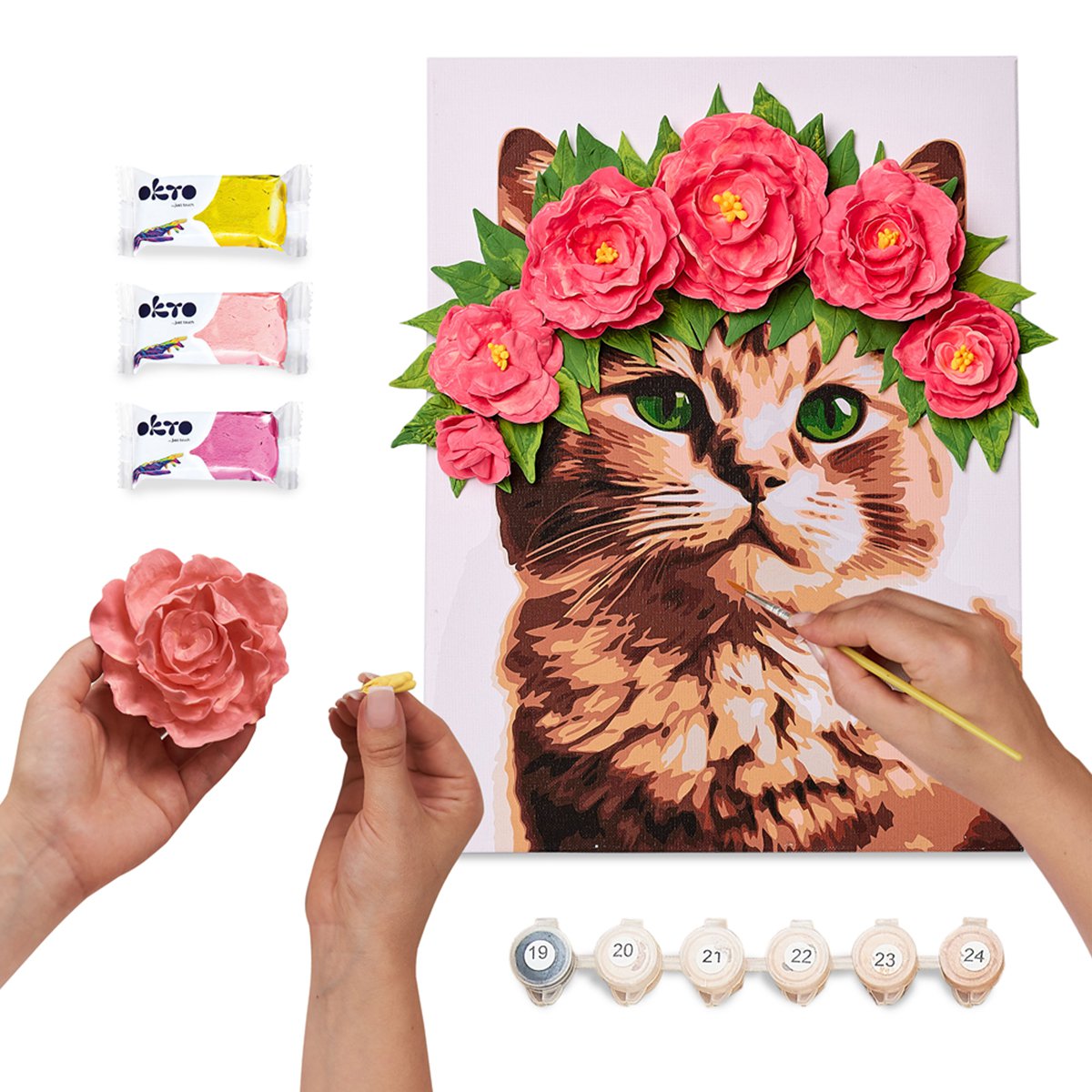 Okto Sensory 3D Air Clay and Color by Numbers - Cat with Flower Wreath