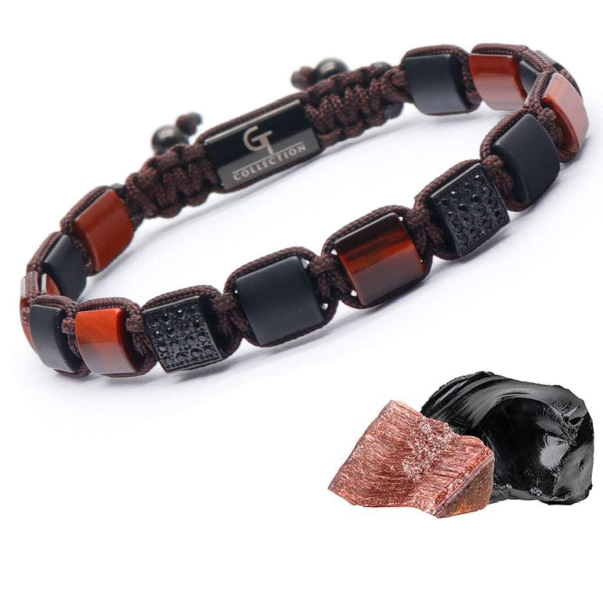 Mænds røde tiger øje, sort onyx flad perle armbånd
