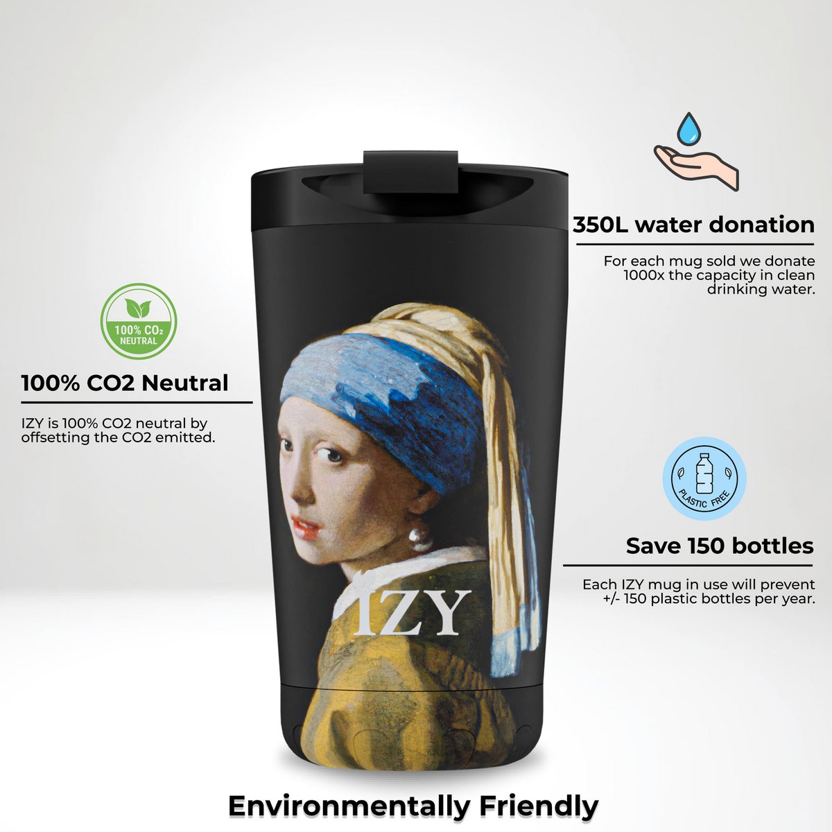IZY Mug, Girl with the Pearl Earring, 350ml, giftbox - Thermische beker | reisbeker | Afsluitbare mug voor hete of koude dranken | isoleerbeker | Thermos | Mug