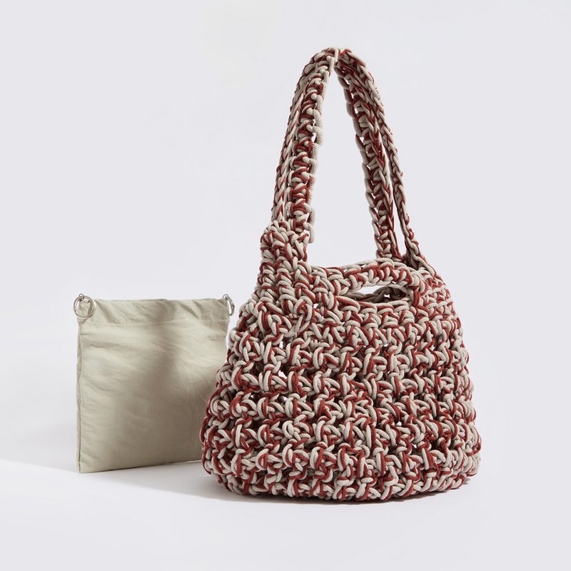 “Sparti cotton” crochet tote bag with waterproof pouch crème + terracotta 