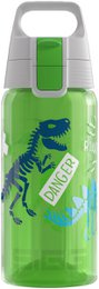  Green kids water bottle with blue dinosaur design, 0.5l capacity, durable plastic construction