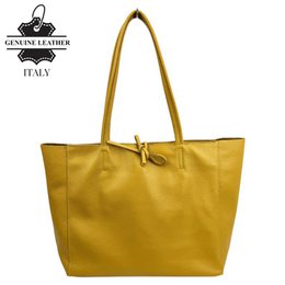 Yellow genuine Italian leather large tote shopper bag for women, spacious shoulder bag.