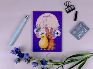 Osterkarte Hase und Küken lila