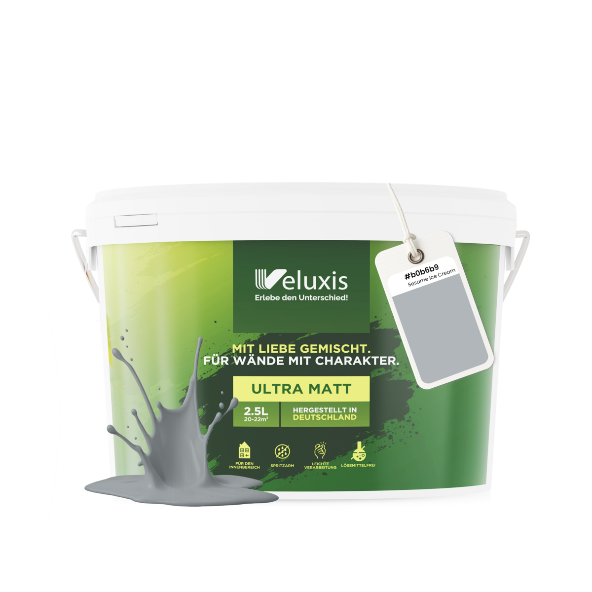 Veluxis® Wandfarbe Grau für den Innenraum - 2,5 Liter & Deckkraft-Klasse 1, Streifenfrei, tropfarm & Öko Farbe, VOC-frei - (Sesame Ice Cream)