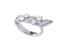 A silver-toned statement ring featuring a cluster of round and baguette-cut cubic zirconia stones arranged in a geometric design.