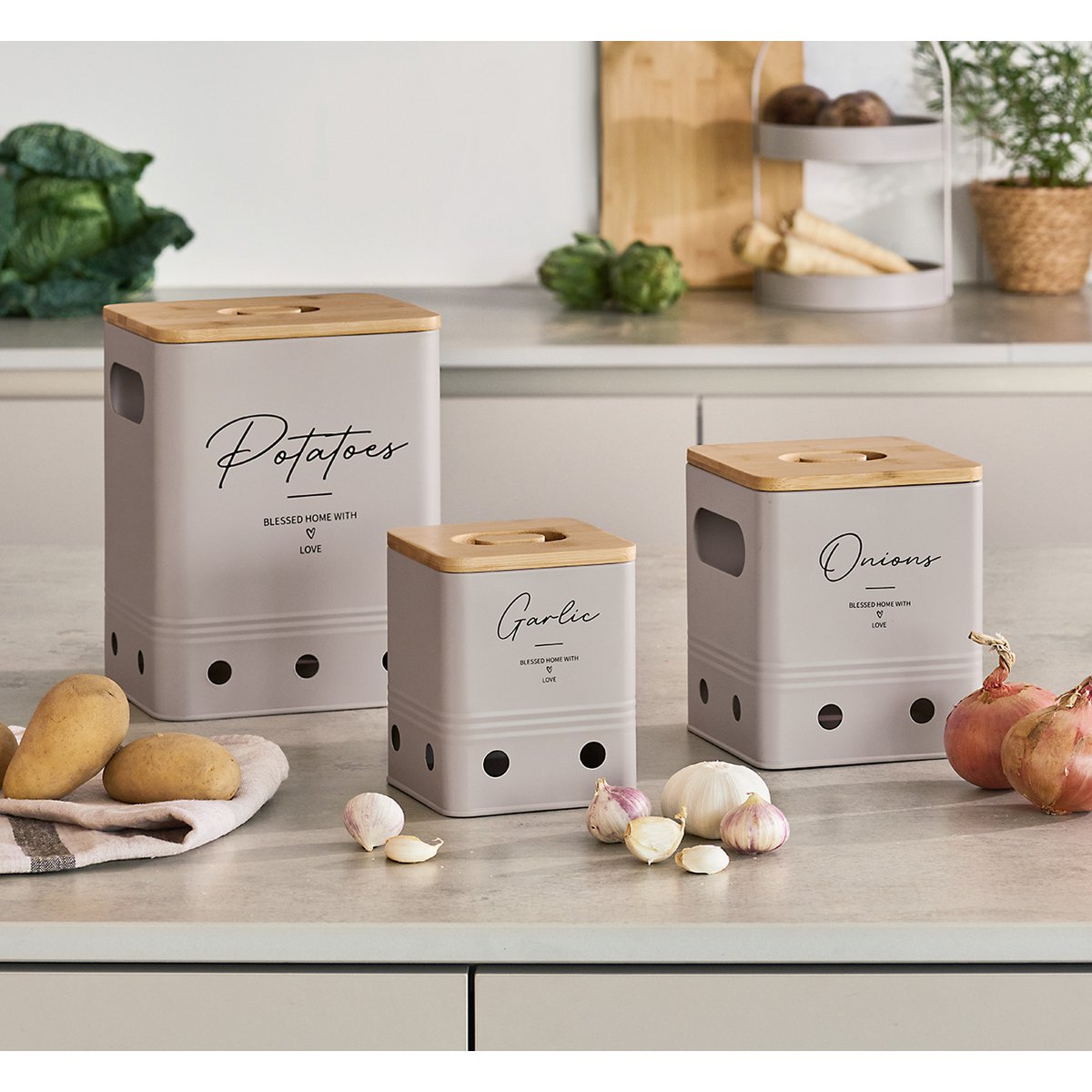 Voorraadpot "Aardappelen" met bamboe deksel, 5100 ml, metaal, greige, FSC 100%