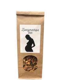 Maternity tea in a paper bag with a silhouette of a pregnant woman. The tea contains a blend of natural ingredients to support the health and well-being of expectant mothers.