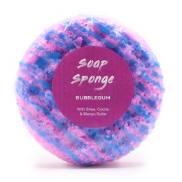 Colorful round soap sponge, pink purple blue bubblegum scent, textured bath product.