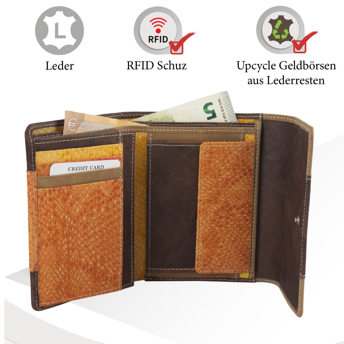 Sunsa damesportemonnee. Leren portemonnee. Portemonnee met RFID-bescherming. Portemonnee gemaakt van overgebleven leer. middelgrote portemonnee voor dames met veel creditcardvakjes - portemonnee voor dames, cadeau-idee