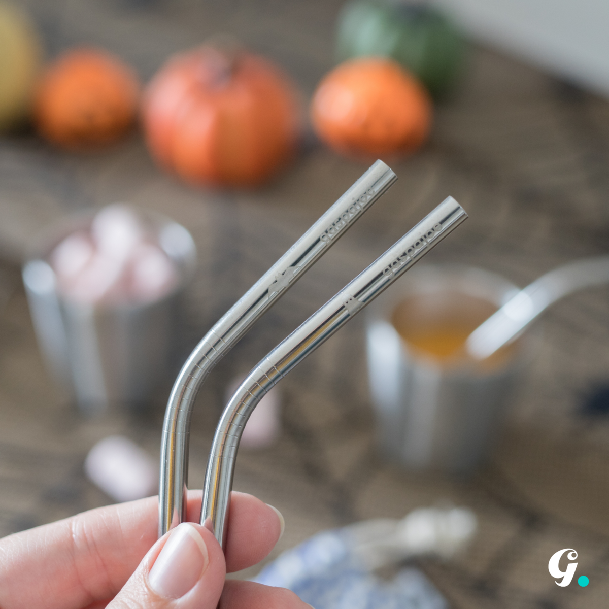 Set of 4 gaspajoe stainless steel angled straws with brush in organic cotton pouch