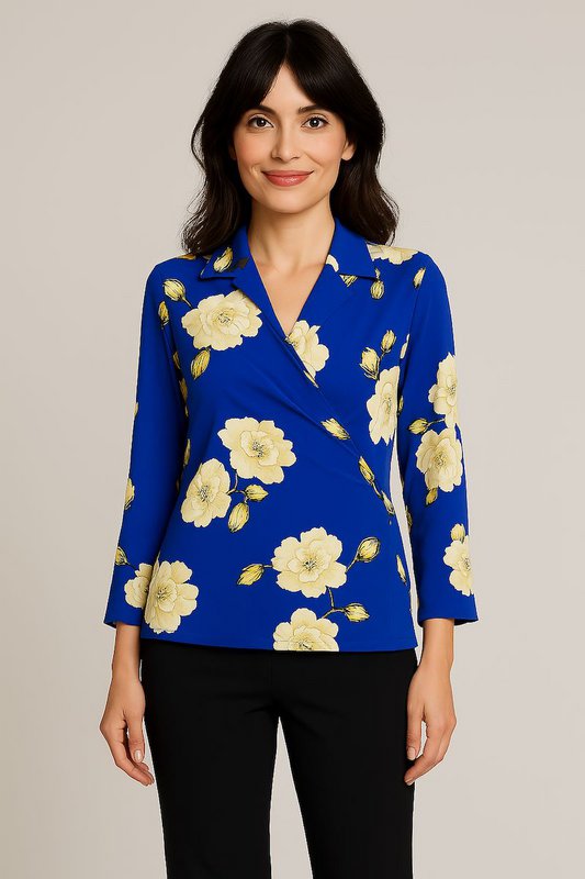 Chaqueta de kimono fluido de líquido azul con estampado floral - Fabricación francesa