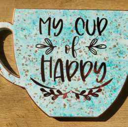 Decorative tray with a mint chocolate design. The tray features a hand-painted text that says "My cup of happy" with floral accents.