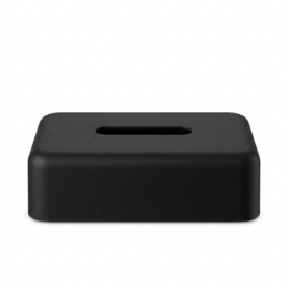 Black rectangular tissue box cover, modern minimalist design, sleek matte finish, home decor organizer.