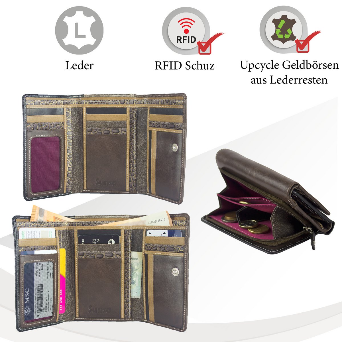 Sunsa damesportemonnee. Leren portemonnee. Portemonnee met RFID-bescherming. Portemonnee gemaakt van overgebleven leer. Grote portemonnee voor dames met veel vakjes voor creditcards - portemonnee voor dames, cadeau-idee