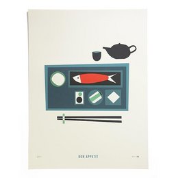 Rectangular wall art featuring a minimalist design with a teapot, chopsticks, and various geometric shapes in shades of blue, red, and white.