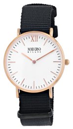 Moderno Milano stainless steel women's watch 36.5 mm, sapphire crystal & nylon NATO strap (black), rose gold-colored