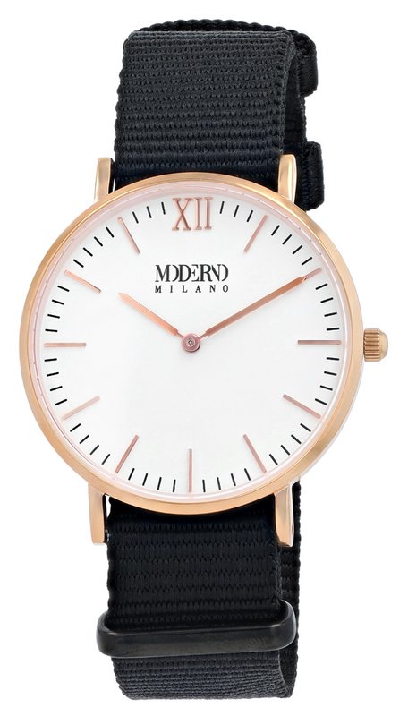 Moderno Milano stainless steel women's watch 36.5 mm, sapphire crystal & nylon NATO strap (black), rose gold-colored