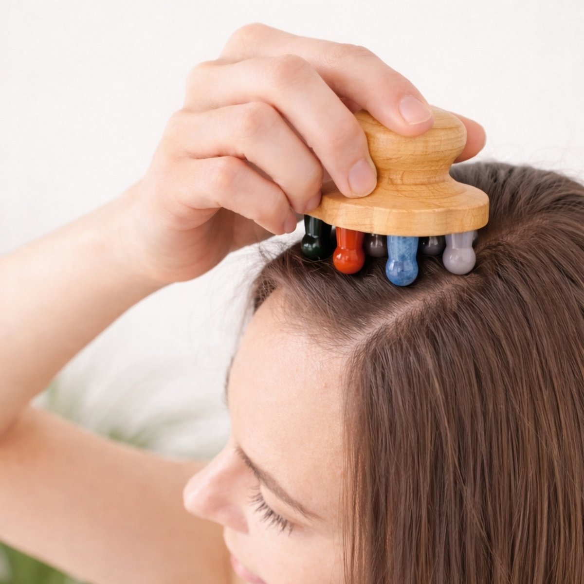 Flower Scalp Brush in FSC Beech Wood - 9 Natural Stone Massage Points - Stimulates Blood Circulation - Revitalizes Scalp - Natural Lithotherapy Hair Care