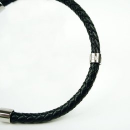 Black braided leather bracelet with metal clasp, available in sizes M, L, and S.