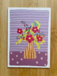 Striped vase with flowers and mimosa cardboard map