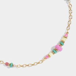  Gold plated chain necklace with colorful beaded accents. The necklace features a mix of round, oval, and irregular shaped beads in various pastel colors including pink, green, and blue. The beads are interspersed along the gold chain, creating a delicate and feminine look.