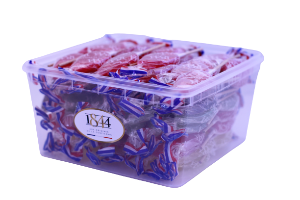 100 Fruchtlutscher für Himbeere – Erdbeere – Apfel – Zitrone – Karamell Display – 1300 g
