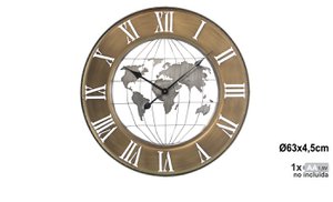 RELOJ PARED METAL MAPAMUNDI ø63CM, SIN CRISTAL, 1XAA NO INCL °63X4,5CM LL23165