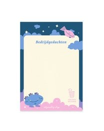 Blue notepad with "Bedtijdgedachten" text, whimsical clouds, stars, pink unicorn, cute sleeping design, 50 sheets.