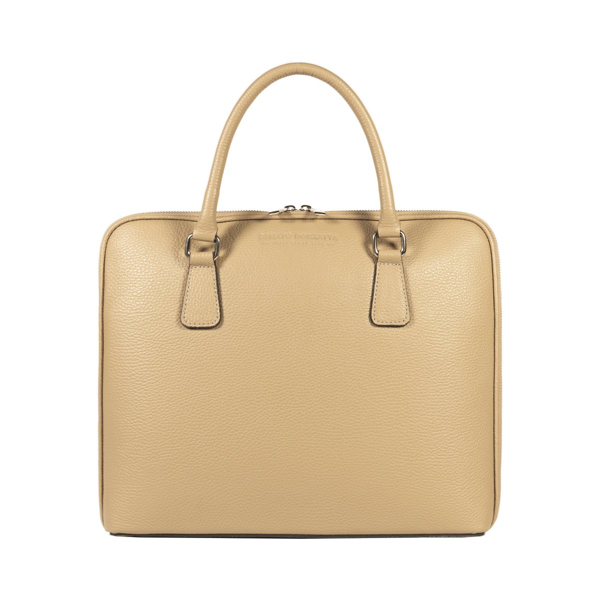 RB1019AQ | Unisex Business Briefcase in Genuine Leather Made in Italy with removable shoulder strap. Attachments with shiny nickel metal snap hooks - Taupe color - Dimensions: 37 x 29 x 6.5 cm