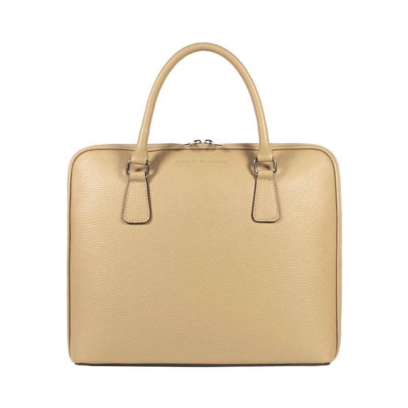RB1019AQ | Unisex Business Briefcase in Genuine Leather Made in Italy with removable shoulder strap. Attachments with shiny nickel metal snap hooks - Taupe color - Dimensions: 37 x 29 x 6.5 cm