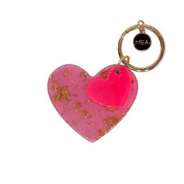 Heart-shaped keychain, lilac pink red, gold leaf accents, decorative charm pendant