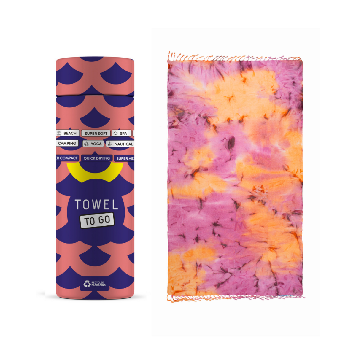TOWEL TO GO TIE DYE Beach Towel 180x100 cm | Quick Dry | Purple / Orange | with Gift Box