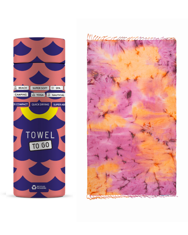 TOWEL TO GO TIE DYE Beach Towel 180x100 cm | Quick Dry | Purple / Orange | with Gift Box