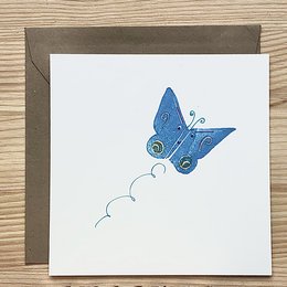 A blue butterfly-shaped card with a simple design, suitable for various occasions.