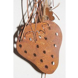Strawberry-shaped patina window decoration, 13cm x 10cm, made of metal with a rustic, weathered appearance, suitable for hanging as a wind chime or decorative piece.