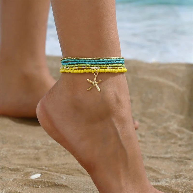 Bohemia Multilayer Rice Bead Ankelsæt til Kvinder Fashion Starfish Vedhæng Ankelkæder Sommer Sandstrand Ankelkæde På Ben Smykker