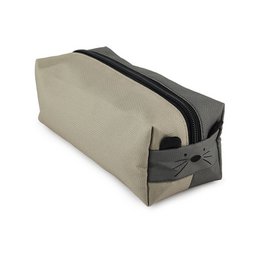  Rectangular pencil case in beige and black colors, with a zipper closure and a simple, minimalist design.