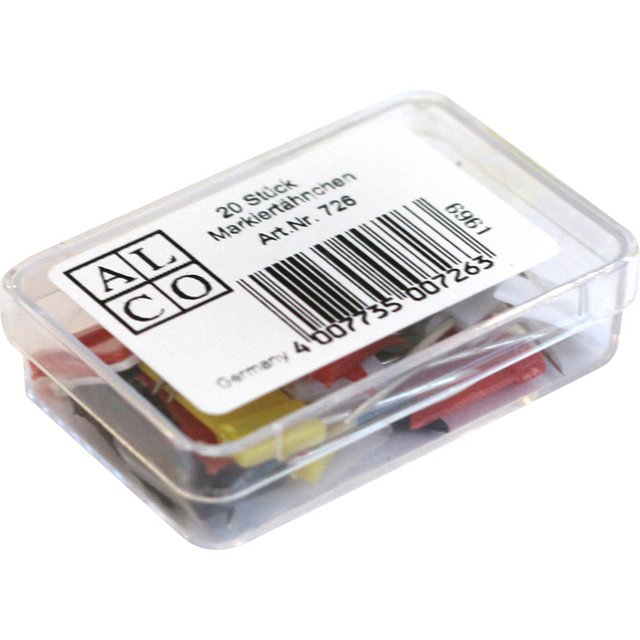 Flagi znakujące Alco, różne plastikowe pudełka po 20 sztuk. Długość 35mm i flaga 18x10mm