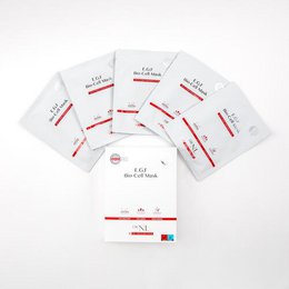  White sheet face mask with red text, EGF bio-cell formula, coconut ingredient, skincare treatment pack