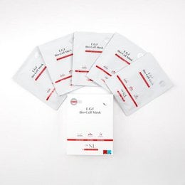 White sheet face mask with red text, EGF bio-cell formula, coconut ingredient, skincare treatment pack