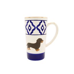 Ceramic tea mug with dachshund motif, blue geometric pattern, gold rim and handle, 250ml capacity.